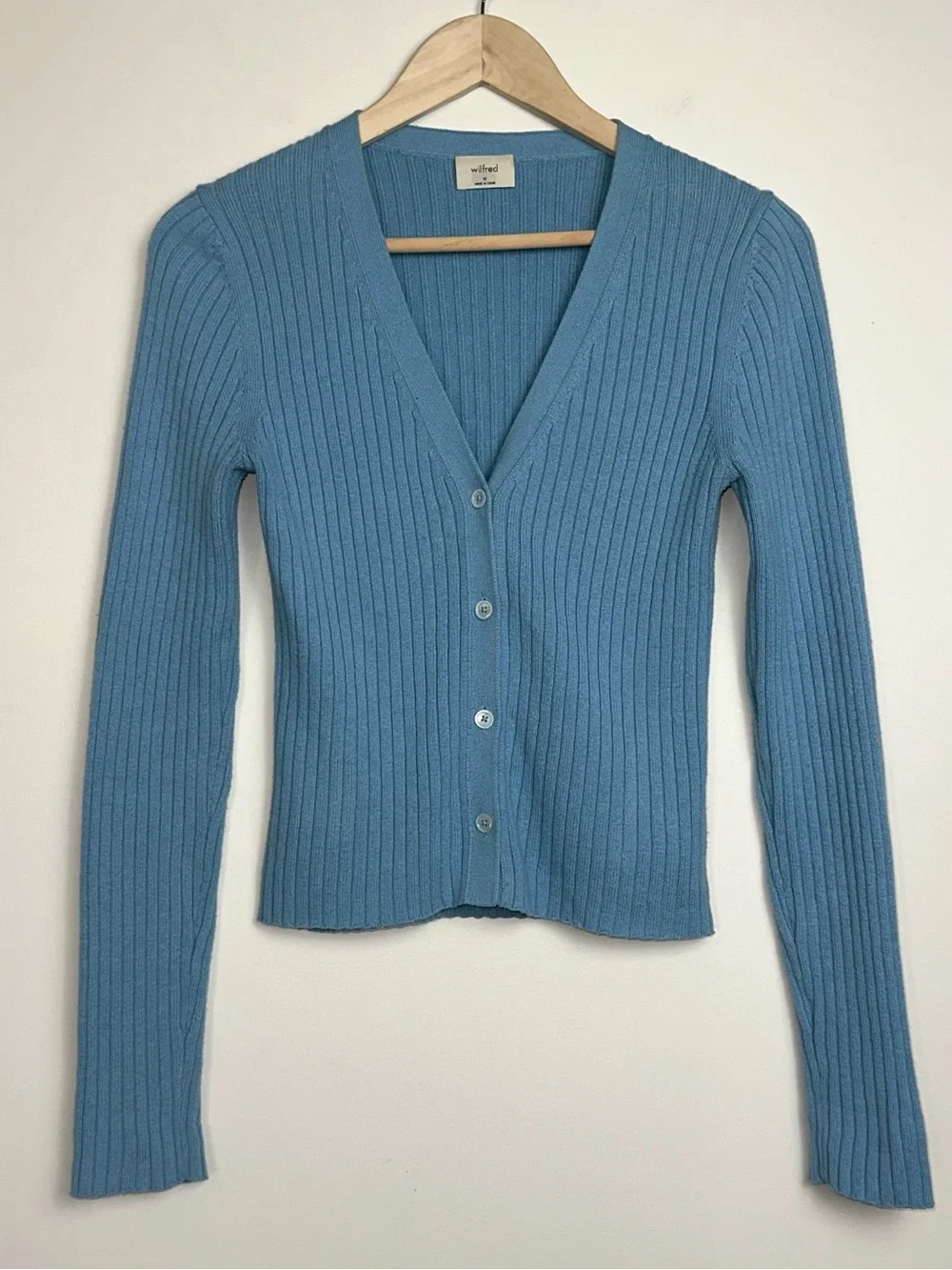 Wilfred x Aritzia Manila Fine Merino Wool Cotton Blend Cardigan in Steel Blue